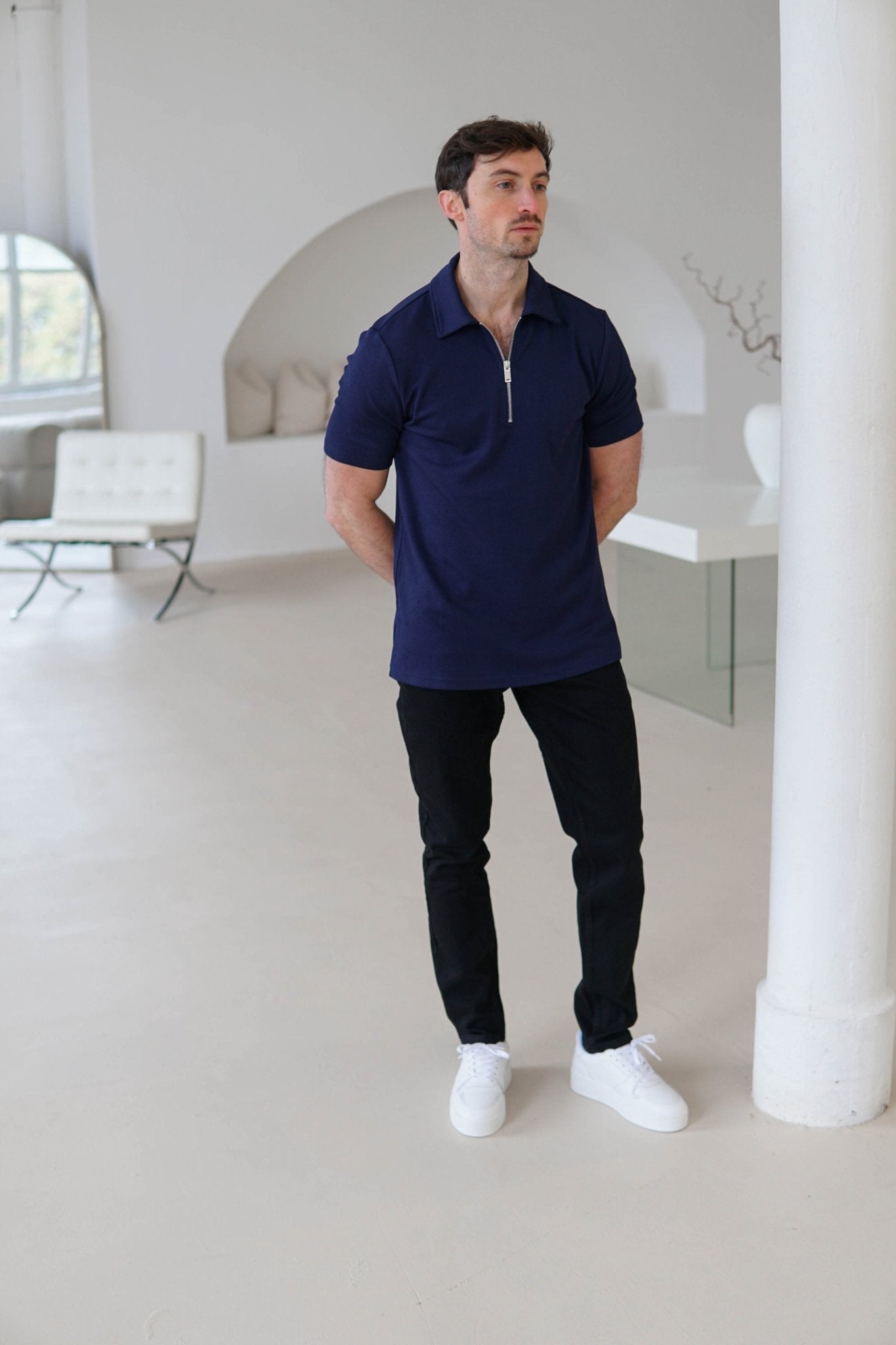 Luxe Zip Polo Shirt In Navy - Sulfit Clothing