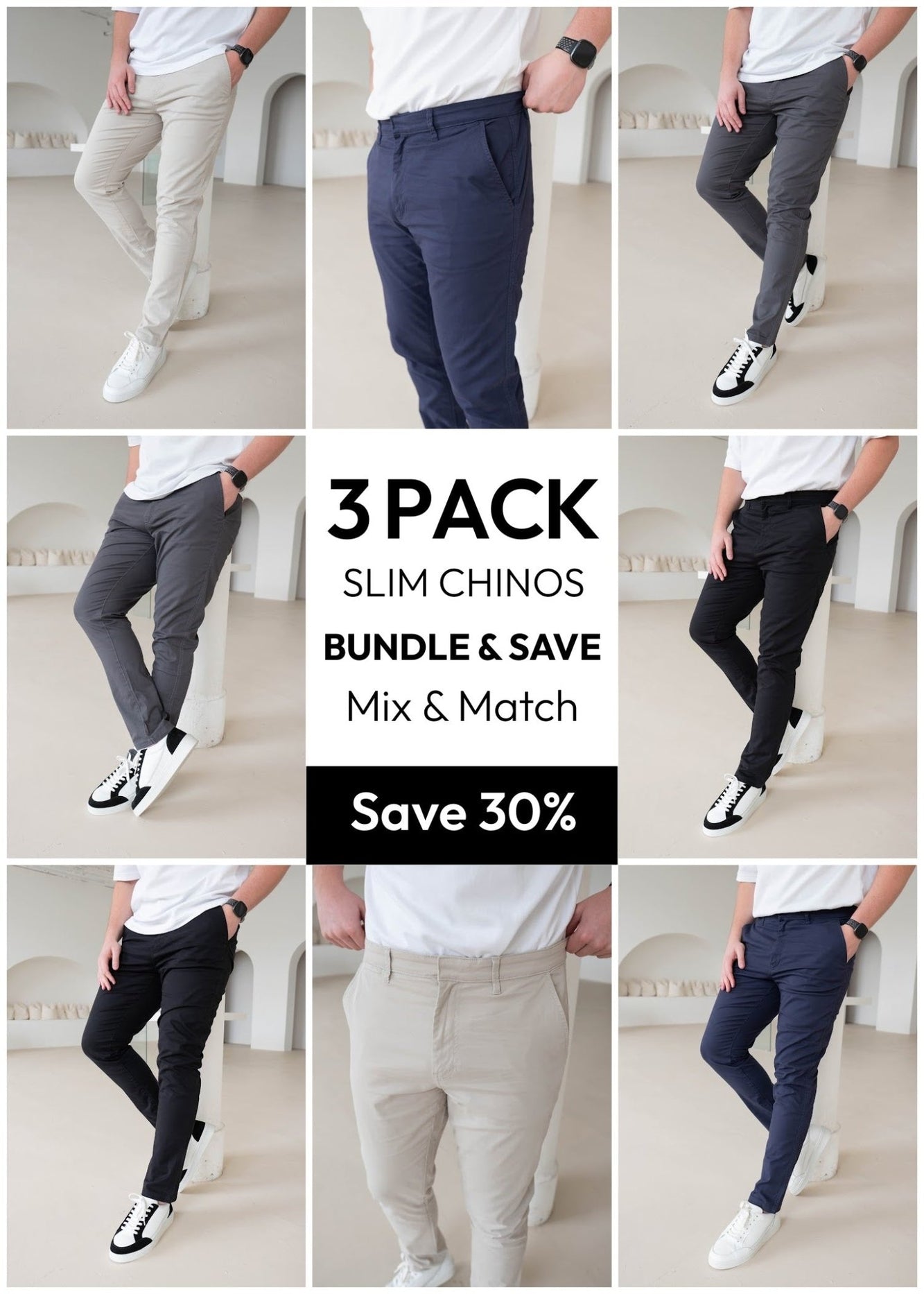 Mix & Match Slim Comfort Chinos Bundle - 3 Pairs - Sulfit Clothing