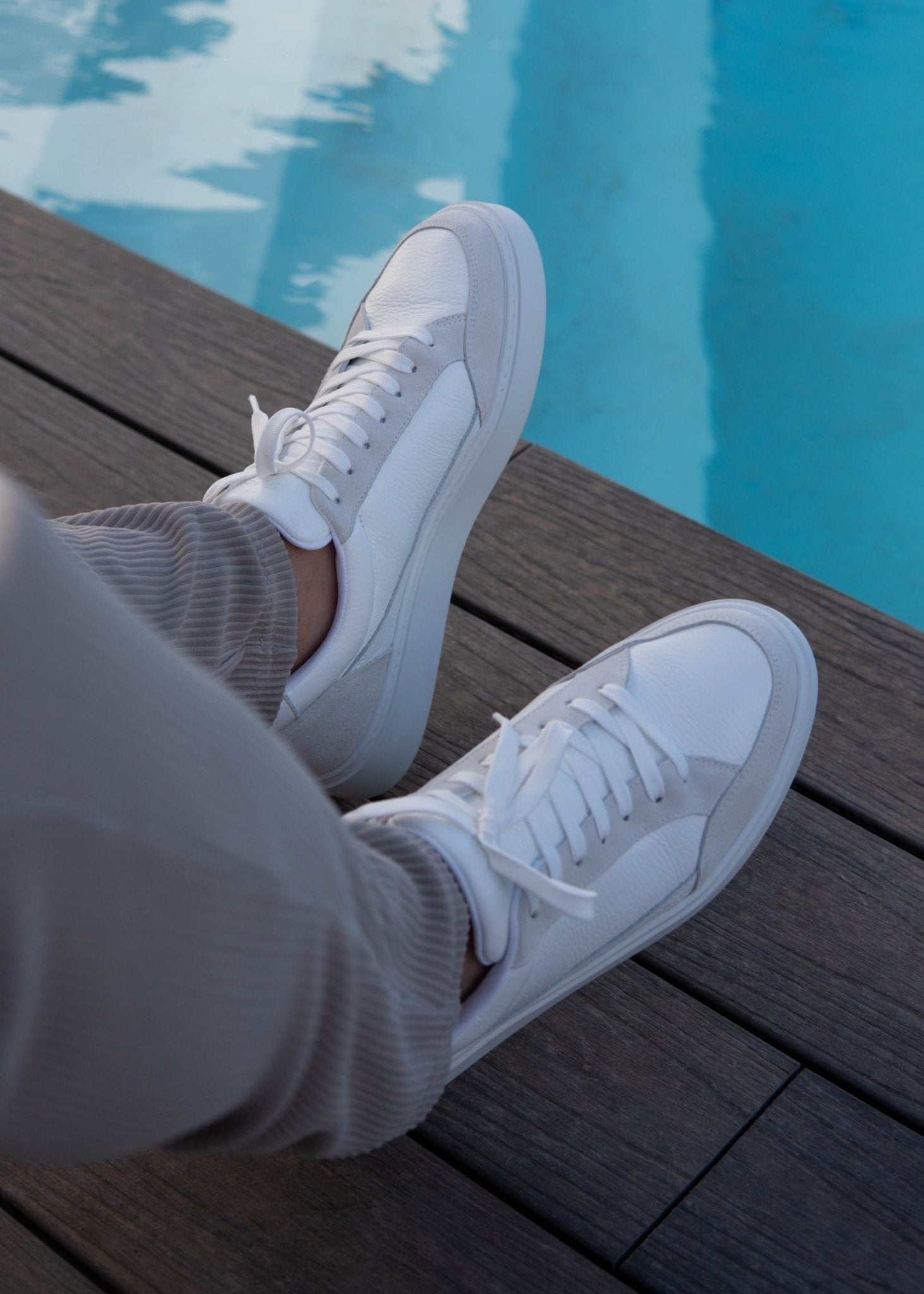 Premium Leather Trainer In White/Stone - Sulfit Clothing