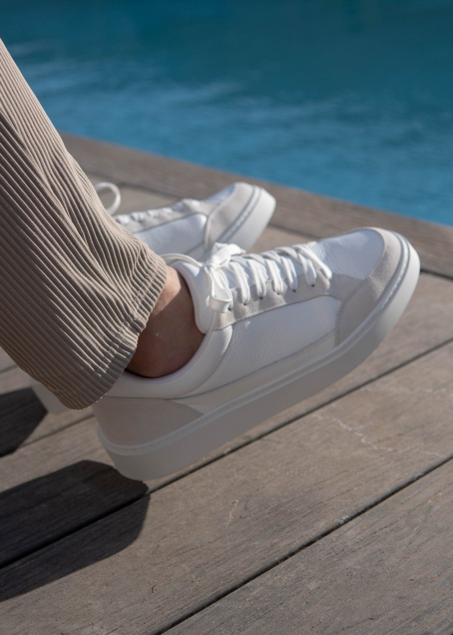 Premium Leather Trainer In White/Stone - Sulfit Clothing