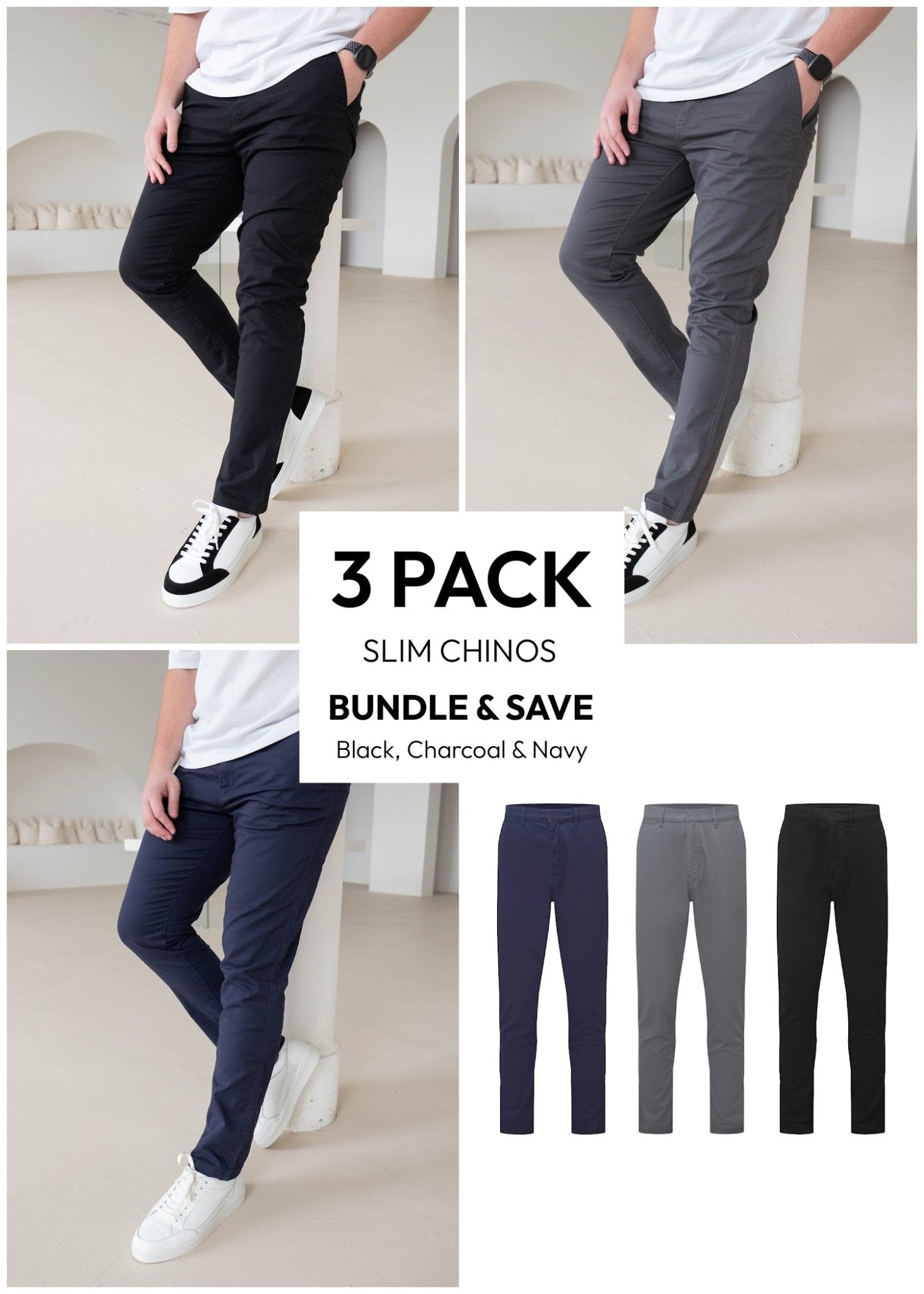 Slim Comfort Chinos Black, Navy & Charcoal 3 Pack - Sulfit Clothing