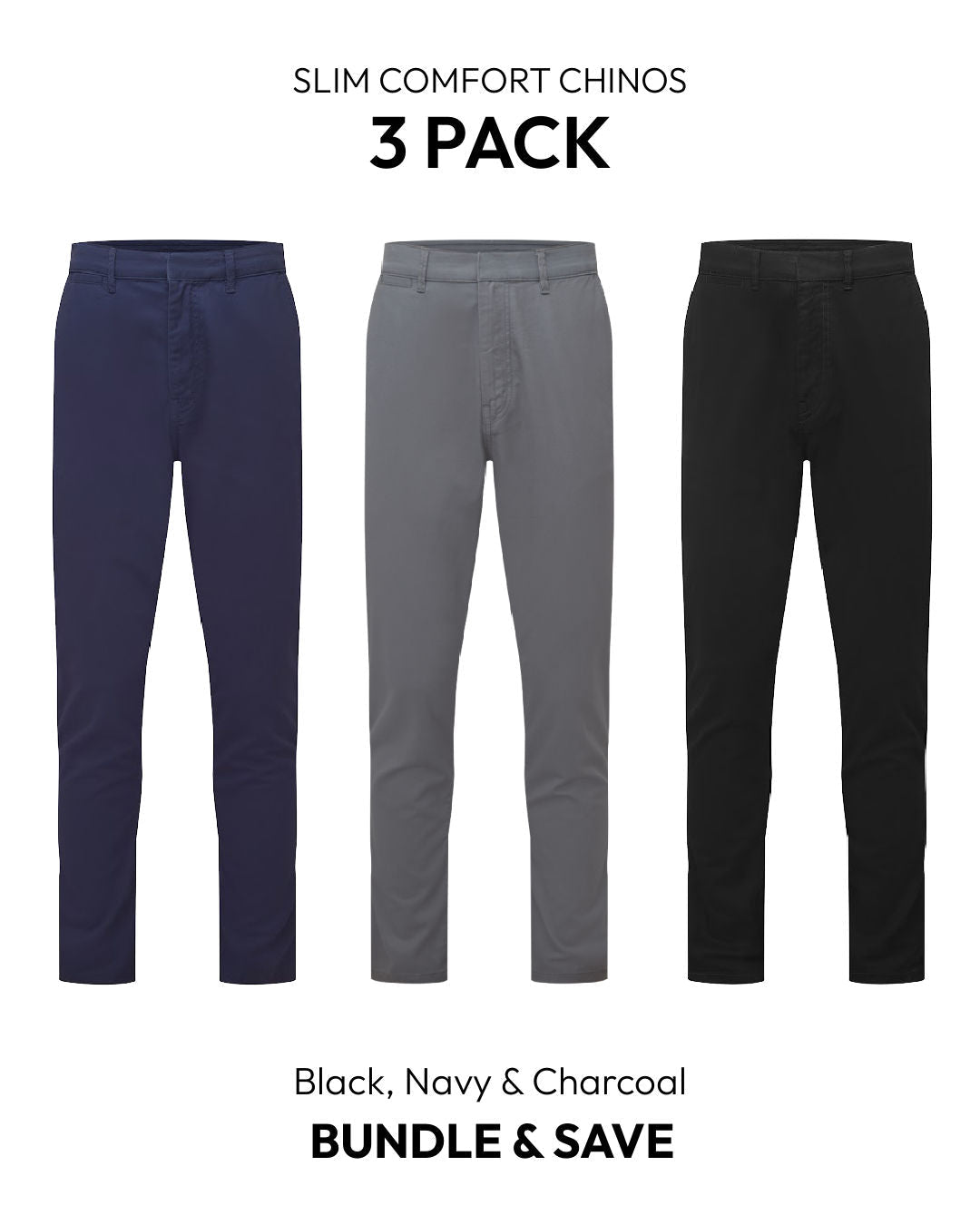 Slim Comfort Chinos Black, Navy & Charcoal 3 Pack - Sulfit Clothing